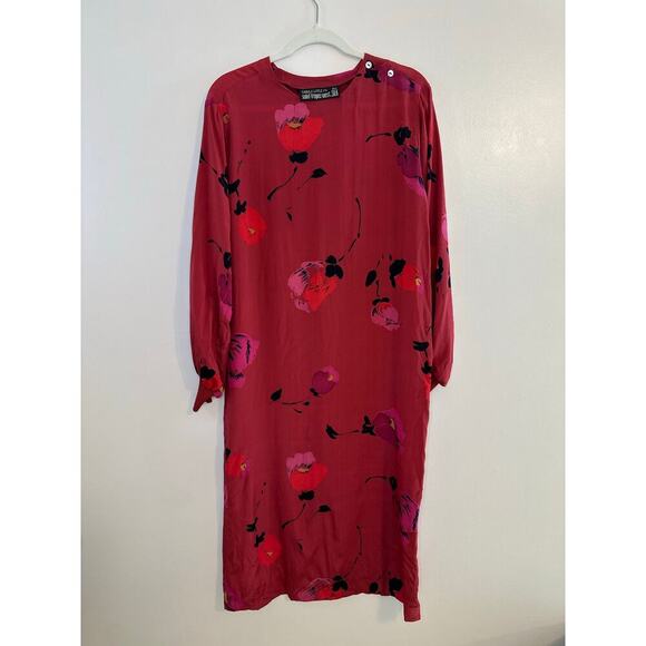 Vintage Carole Little St Tropez 100% Silk 80s Long Sleeve Red Floral Dress Large - Picture 2 of 8